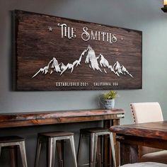 a wooden sign that says the smiths on it in front of some bar stools