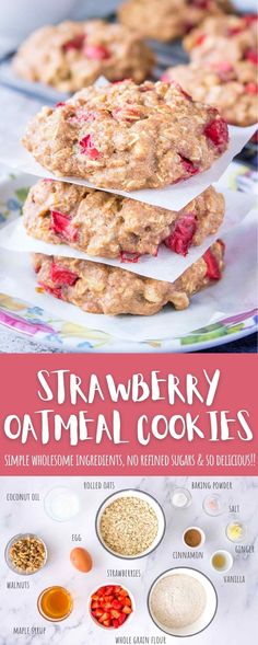 strawberry oatmeal cookies are stacked on top of each other and ready to be eaten