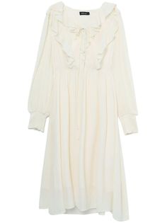 ivory white semi-sheer construction ruffled detailing V-neck front tie fastening long sleeves fitted cuffs elasticated waistband straight hem below-knee length Versace Outfit, Yoko London, Ivory White, Lady Dior, Coat Dress, Denim Dress, Size Clothing, Day Dresses, All Fashion