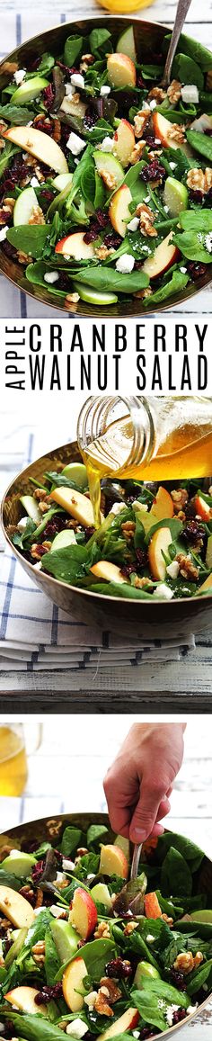 two pictures showing how to make a salad with green beans and apples