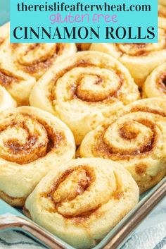 cinnamon rolls on a blue plate with text overlay