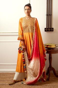 Shop for Loka by Veerali Raveshia Orange Chanderi Silk Anarkali Sharara Set for Women Online at Aza Fashions Crushed Sharara, Simple Kurtis, Silk Overlay, Silk Anarkali, Summer Orange, Indian Kurta, Fashion Pics, Sharara Set, Trending Fashion Outfits