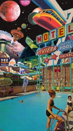 two women in bathing suits sitting at the edge of a swimming pool surrounded by neon signs