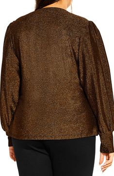 A shimmery knit fabric adds a pop of glamour to this surplice V-neck top framed by billowy long sleeves. 26" length (size X-Small) Surplice V-neck Long sleeves Lined 58% nylon, 34% metallic fibers, 8% elastane Hand wash, dry flat Imported Faux Wrap Top, City Chic, Wrap Top, V Neck Tops, Knit Fabric, Knitted Fabric, Hand Wash, Nordstrom, Long Sleeves