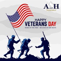 happy veterans day with silhouettes of soldiers and an american flag on top of a hill