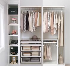 an organized closet with clothes and shoes