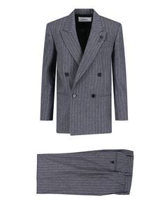 Lardini double-breasted suit in grey wool with white pinstripe pattern, peak lapels, black metal charm detail, button closure, button cuffs, two side welt pockets, straight hem, mid-waist pants, belt loops, hook and zip closure, two front pleats, two side pockets, two welt pockets with buttons at the back, straight leg. Composition: 90% Wool, 8% Cashmere, 2% Elastane Mid Waist Pants, Wardrobe Edit, Dress The Population, Double Breasted Jacket, Mini Velvet Dress, Double Breasted Suit, Shirt Skirt, Gray Dress, Mens Suits