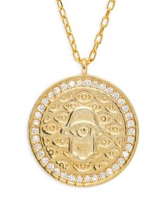 Argento Vivo G Hamsa Pave Evil Eye Pendant Necklace in 14K Gold Plated Sterling Silver, 16-18 Gold Plated Tarnish Resistant Necklace For Good Luck, Tarnish Resistant Gold Plated Necklace For Good Luck, Yellow Gold Plated Round Charm Necklaces, Gold Medallion Necklace For Good Luck, Plated Yellow Gold Round Charm Necklaces, Gold Plated Round Necklace For Good Luck, Round Necklace With Adjustable Chain For Good Luck, Yellow Gold Necklaces For Good Luck, Yellow Gold Good Luck Necklace