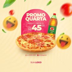 a pizza advertisement with an image of tomatoes and pepperoni on the side, surrounded by emoticions of smiley faces