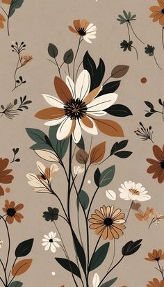 an abstract floral pattern with brown, white and orange flowers on a gray background for wallpaper