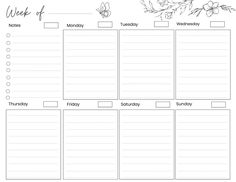 a printable weekly planner with flowers and leaves on the page, in black and white