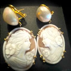 Gorgeous Large Cameo Pearl Clip Earrings In 14 K Plated Yellow Gold, Italy, Picture Of The Back Of The Earrings Noted As Well As The Back Shell Of Cameo.Beautiful Detail, Euc Luxury Cabochon Clip-on Earrings For Formal Occasions, Elegant Yellow Gold Jewelry With Cabochon, Elegant Yellow Gold Cabochon Jewelry, Exquisite Cabochon Earrings For Formal Occasions, Exquisite Formal Cabochon Earrings, Yellow Gold Cabochon Earrings For Anniversary, Elegant Cameo Earrings, Formal Cabochon Earrings In Fine Jewelry Style, Luxury Round Cabochon Clip-on Earrings