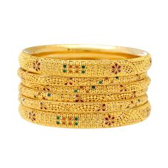 The bright enamel details used alongside the filigree design of these 22k gold Indian bangles adda vibrant look and feel to the traditional design. Features: • 22k yellow gold • Enamel • Filigree • Set of six (6) banglesIf you're looking for quality 22k gold Indian bangles then look no further than Virani Jewelers! Our gorgeous Indian gold bangles have one of a kind details and stunning accents that you'll have to see to believe. Whether you're shopping for gold jewelry to add to your everyday l Indian Gold Bangles, Gold Bangles Indian, Indian Bangles, Bangles Indian, Enamel Bangle, Gold Bead Necklace, Filigree Design, Bangle Set, Gold Enamel