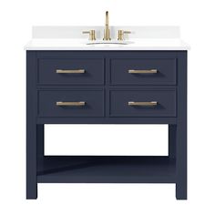 an image of a bathroom vanity with marble top and gold faucets on it