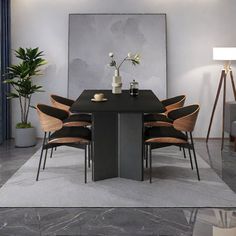 a dining room table with chairs and vases on it in front of a painting