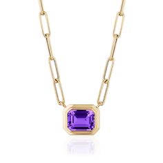 Oakgem is proud to be an authorized retailer of Goshwara jewelry. Manhattan' Amethyst Emerald Cut East West Pendant in 18K Yellow Gold Please allow a 3-4 week lead time for Goshwara product. In-stock merchandise will be prepared for shipment within 2-3 business days. Upon purchase, we will be in touch with the status of your order. DESIGNER: Goshwara MATERIAL: 18k Gold GEMSTONES: Amethyst- 1.88 ct MEASUREMENTS: Necklace measures 16 inches long MARKED/TESTED: Maker's Marks CONDITION: New Luxury Amethyst Birthstone Necklace, Luxury Amethyst Necklace With Jewels, Luxury Amethyst Jewel Necklaces, Luxury Amethyst Jewel Necklace, Luxury Yellow Gold Amethyst Necklace, Octagon Shaped Yellow Gold Amethyst Jewelry, Goshwara Jewelry, Gold Link Necklace, Amethyst Gold