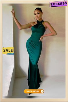 Sexy Solid Slim Sleeveless Backless Dress for Ladies Fashion Fitted Halter Neck Sleeveless Dress For Prom, Sleeveless Halter Dress For Prom Season Date Night, Date Night Sleeveless Halter Dress For Prom Season, Green Stretch Halter Dress For Evening, Green Halter Neck Sleeveless Evening Dress, Sleeveless Halter Dress For Prom Evening, Sleeveless Halter Dress For Prom Season Evening, Stretch Green Sleeveless Evening Dress, Sleeveless Halter Dress For Evening And Prom Season