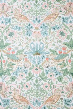 an intricately designed wallpaper with birds and flowers in pastel colors on white background