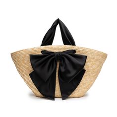 Natural straw bag with black satin bow and handles The Carlotta is a signature statement bag that adds flare to any look. Elegant Natural Straw Bag For Shopping, Luxury Rectangular Straw Bag For Summer, Elegant Natural Straw Shopping Bag, Luxury Summer Straw Bag For Beach, Luxury Straw Hat For Vacation, Chic Straw Bag With Bamboo Handle For Picnic, Chic Straw Bag For Spring Picnic, Black Rectangular Straw Bag For Day Out, Chic Spring Straw Bag For Picnic