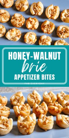 honey walnut brie appetizer bites on a blue plate with the title overlay