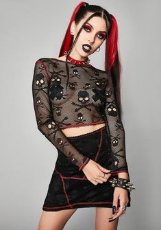 Widow Bite Me Embroidered Mock Neck Long Sleeve - Black | Dolls Kill Halloween Punk Stretch Tops, Gothic Long Sleeve Tops For Halloween, Gothic Long Sleeve Halloween Tops, Fitted Emo Tops For Fall, Emo Long Sleeve Halloween Tops, Halloween Long Sleeve Emo Tops, Punk Style Tops For Halloween, Emo Fitted Tops For Streetwear, Emo Long Sleeve Tops For Streetwear