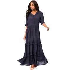 This tiered maxi is crafted from crinkle crepe with lace detailing at the V-neckline, sleeves and tiers. This breezy dress has a tie-back detail that lends to its boho feel. Jacket Dress Set, Breezy Dress, Lace Outfit, Gauze Dress, Satin Maxi Dress, Career Dress, Double Gauze, Tiered Maxi Dress, Boho Maxi Dress