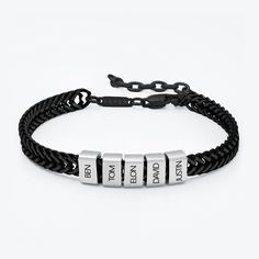 Engraved bracelet for men - Dan Black with Silver Beads. Each inscription add a bead to the bracelet. You can add more beads in the future. An exciting and amazing gift for your man! What's more exciting than a piece of jewelry engraved with the names of your treasures? A gift that combines style, quality and emotion! The bracelet is 100% waterproof, it will not have to be taken off in the gym/s/pool and shower. The highest quality of metal that is resistant to everything. The order in which you Dad Bracelet, Engraved Bracelet, Chains Necklaces, Bracelet For Men, Your Man, Kid Names, Silver Beads, Bracelets For Men, Black Silver