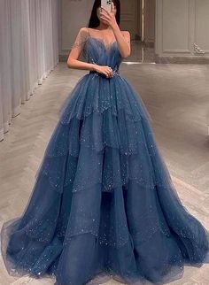 Blue Beaded Layers Tulle Straps Long Formal Dress, Blue Long Evening Dress Prom Dress Prom Dress Tiered, Gaun Fashion, 파티 드레스, Blue Evening Dresses, Prom Dress Inspiration, Cute Prom Dresses, Beaded Prom Dress, Ball Gowns Evening