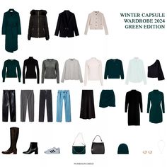 Winter Capsule Wardrobe 2024: a fusion of timeless neutrals and vibrant greens. Stand out with natural elegance. Embrace winter with style!💚✨ Capsule Wardrobe 2020, Dark Green Cardigan, Green Wool Coat, Winter Capsule, Spring Capsule Wardrobe, Green Cardigan, Green Outfit