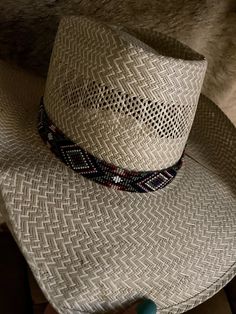 "1\" wide All bead work is beaded with 10lb extreme braided nylon line. All hat bands are finished at 23\" with glued than sewed down leather ends and an adjustable leather tie." Woven Toquilla Straw Hat Bands For Rodeo, Western Braided Hat Band With Flat Brim, Traditional Adjustable Hat For Outdoor, Braided Western Hat Bands, Western Style Braided Hat Bands For Flat Brim, Adjustable Toquilla Straw Hat Band Country Style, Adjustable Woven Hat With Flat Crown, Western Handwoven Hats For Rodeo, Western Style Handwoven Rodeo Hat