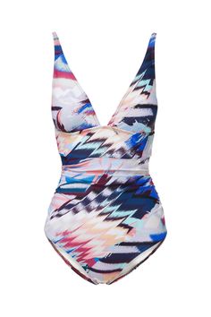 a women's one piece swimsuit with multicolored print