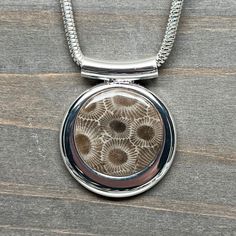 Very nice Petoskey Stone with rich color and high contrast. This beautiful pendant comes on a 16", 18'',  20"  or 24'' chain. Silver plated "Pewter" (zinc-based alloy) The stone measures 1 inch in diameter. The pendant measures 1.125 inches wide by 1 inch tall. Petoskey stone is a fossilized coral, the state stone of Michigan and is commonly found along the shores of Lake Michigan and Lake Huron in the United States. It was formed by the fossilization of ancient coral, hexagonaria. These corals Fossilized Coral, Petoskey Stone, Lake Huron, Chain Silver, High Contrast, Lake Michigan, Necklace Silver, Stone Necklace, Devon