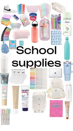 school supplies with the words school supplies written in black on top and bottom right corner