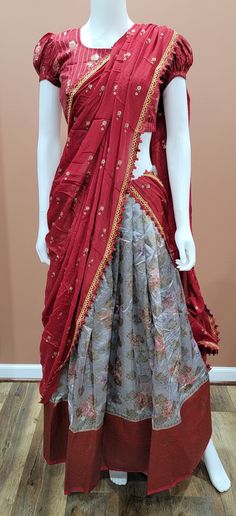 Attractive Banaras Digital Printed half saree set in Red and Grey. Blouse size : 32 Inches Lehenga length: 39 inches Grey And Red Lehenga, Red Designer Wear Sets With Traditional Drape, Red Traditional Drape Sets For Designer Wear, Red Pre-draped Saree With Sheer Dupatta In Dola Silk, Red Floor-length Pre-draped Saree With Pallu, Red Art Silk Palazzo Set With Sheer Dupatta, Red Anarkali Dola Silk Set, Designer Red Pre-draped Saree For Diwali, Red Pre-draped Designer Saree For Diwali