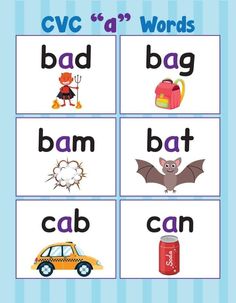 the cvc'a words flash card is shown with pictures of animals and cars