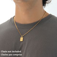 Complete your signature style with this silver or gold rectangle pendant, designed to add an effortlessly stylish touch to any outfit. It is ready to add to your favorite chain! 💎Free shipping on all orders💎Non-tarnish stainless steel💎Packaging that is ready to offer as a gift 📏Pendant size is 12mm x 17.5mm (plus the 6mm hook), and fits on chains with a maximum chain width of 5mm. For best results and look, we recommend going for a 3mm chain, a 4mm, or a thinner chain. Make sure that the clo Gold Chains For Men With Pendant, Men’s Gold Chain Pendent, Necklace Men’s Gold, Men Initial Necklace, Pendant For Men Gold, Mens Gold Necklace, Mens Pendant Necklace, Guy Jewelry, Mens Accessories Necklace