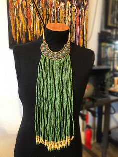 Jade Ceramic Runway Statement Green Artisan Studio Long Ethnic Necklace Traditional Green Beaded Necklace For Festival, Artisan Green Beaded Necklace For Festivals, Artisan Green Beaded Necklaces For Festivals, Traditional Beaded Fringe Necklace, Green Bohemian Necklace With Dangling Beads, Traditional Adjustable Beaded Fringe Necklace, Traditional Adjustable Beaded Fringe Necklaces, Handmade Bohemian Drop Necklace, Artisan Necklace With Dangling Beads