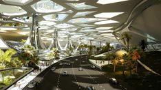 an artist's rendering of a futuristic city with palm trees and cars on the road