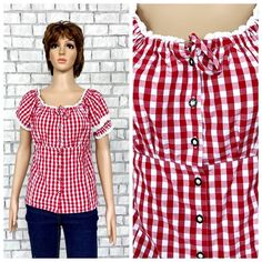 "red Gingham Shirt Gingham Dirndl Blouse Gingham Blouse dirndl top Button Up Shirt Ruffle shirt Ruffle Blouse Vintage cotton shirt L Please refer to photos for details of condition.  Condition: very good vintage 55% -cotton   45%- polyester Measurements : Length: 53 cm/ 21\" Bust: 105 cm/41.3\" Waist: 87 cm/34.3\"  Size: L note The color on the pictures may vary due to monitor settings and light reflections. Ready to ship Please do not hesitate to contact with me for any questions. Thank you for Fitted Cotton Blouse For Picnic, Cotton Short Sleeve Blouse For Picnic, Cotton Blouse With Short Sleeves For Picnic, Gingham Shirt With Buttons For Summer, Summer Plaid Blouse With Buttons, Gingham Cotton Blouse For Picnic, Summer Gingham Shirt With Buttons, Cotton Gingham Blouse For Picnic, Gingham Summer Tops With Buttons