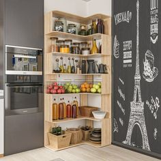 a kitchen with a chalkboard wall and an oven in the corner next to it