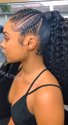 Braided Loose Ponytail Black Hair, 2 Feed In Braids With Weave Ponytail, Half Cornrows Half Ponytail, Cornrow Ponytail With Weave, Braids Going Back Into A Ponytail, Braided Into Bun For Black Women, Cornrows And Ponytail Hairstyles, Braided Ponytail On Curly Hair, Corn Rows With Ponytail