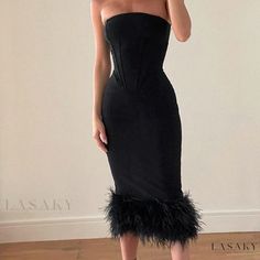 Lasaky - Classic Strapless Black Feather-Trimmed Sleeveless Mini Dress: Fashionably Elegant Little Black Dress for a Stylish Look Strapless Evening Dress For Winter, Strapless Club Dress With Feather Trim, Black Strapless Winter Dresses, Elegant Black Strapless Sleeveless Dress, Winter Sleeveless Dresses For Night Out, Winter Night Out Sleeveless Dresses, Winter Sleeveless Dress For Night Out, Winter Party Midi Dress Sleeveless, Sleeveless Midi Dress For Winter Party