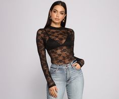 Lace-up in this sultry bodysuit that brings major lace appeal. The bodysuit features a lace bodice. long sleeves. and a sexy strappy back design. Complete your look with a bralette and high waist jeans.Fit & Features High round neckline Long sleeves Sheer unlined Lace bodice Completely sheer. bralette pictured not included Dual snap closure Thong bottom Dark Fae, Fae Aesthetic, Rhinestone Skirt, Sheer Bralette, Fly Outfit, Outfit Styles, Early Spring Outfits, Bodysuit Fashion, Indie Outfits