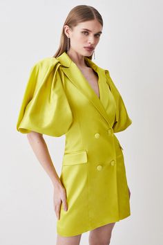 Italian Structured Satin Statement Sleeve Double Breasted Mini Dress | Karen Millen Chic Satin Puff Sleeve Dress For Spring, Chic Fitted Green Puff Sleeve Dress, Chic Green Fitted Dress With Puff Sleeves, Chic Green Fitted Puff Sleeve Dress, Formal Satin Puff Sleeve Dress For Spring, Formal Puff Sleeve Satin Dress For Spring, Voluminous Puff Sleeve Dress For Spring Parties, Spring Formal Satin Puff Sleeve Dress, Spring Formal Puff Lantern Sleeve Dress