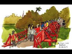 an artist's rendering of a red bridge with people standing on it and trees in the background