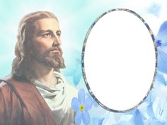 the jesus is surrounded by blue flowers and daisies with a white circle in the middle