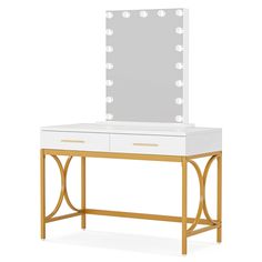 a vanity with lights on it and a mirror over it's top, in front of a white background