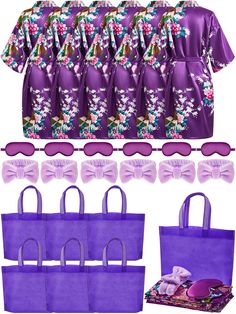 purple bags, sunglasses and an assortment of accessories are arranged in front of the image