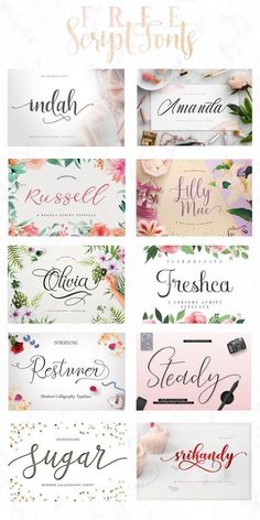 the different font styles and colors for each type of lettering, including flowers, leaves, and