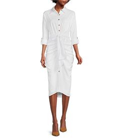 Antonio Melani Roxanne Point Collar Long Sleeve Ruched Tie Waist Button Front Shirt Dress | Dillard's Daywear Shirt Dress With Button Closure, Ruched Button-up Dress For Work, Knee-length Shirt Dress For Daywear, Elegant Ruched Shirt Dress For Work, Casual Ruched Midi Dress For Work, Elegant Ruched Shirt Dress For Spring, Casual Ruched Shirt Dress For Daywear, Elegant Ruched Button-up Dress, Pleated Shirt Dress For Casual Wear